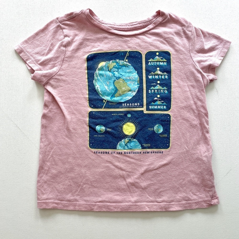 Old Navy Girls Size 6-7 Pink Graphic T-Shirt Earth Seasons Casual Cotton Tee Top